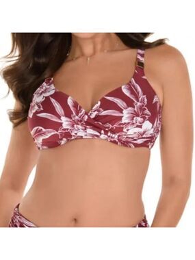 MIRACLESUIT Hibiskiss criss cross bathing suit top burgundy and white Pompei 34D